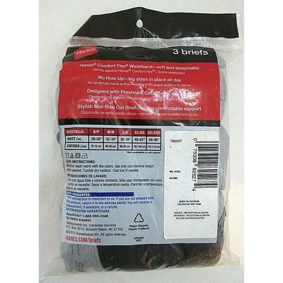 Men's HANES Tagless Black Gray Cotton Briefs Comfort Flex 3-Pack - NEW - NWT - Picture 2 of 2